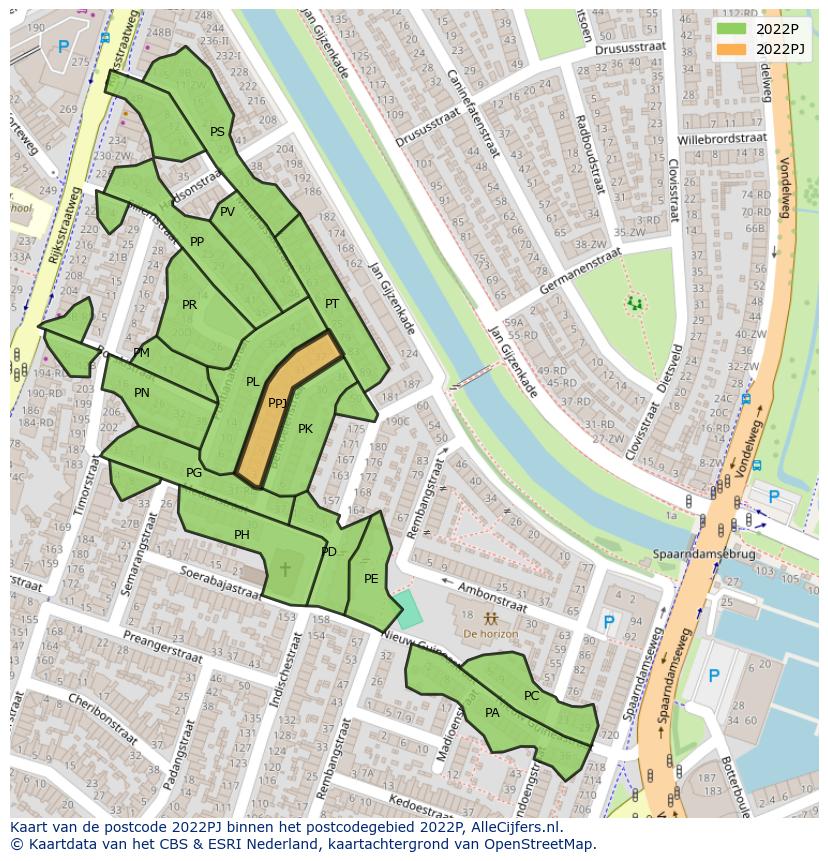 Afbeelding van het postcodegebied 2022 PJ op de kaart.