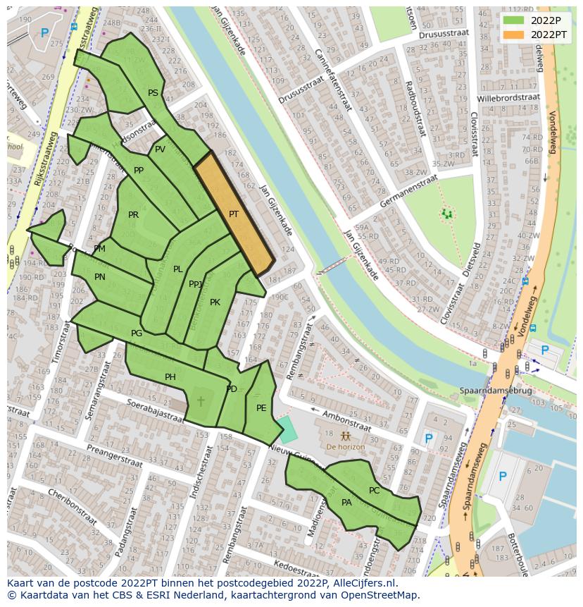 Afbeelding van het postcodegebied 2022 PT op de kaart.