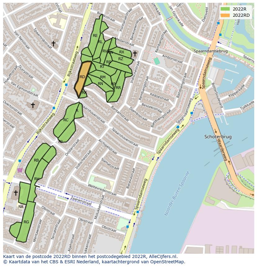 Afbeelding van het postcodegebied 2022 RD op de kaart.