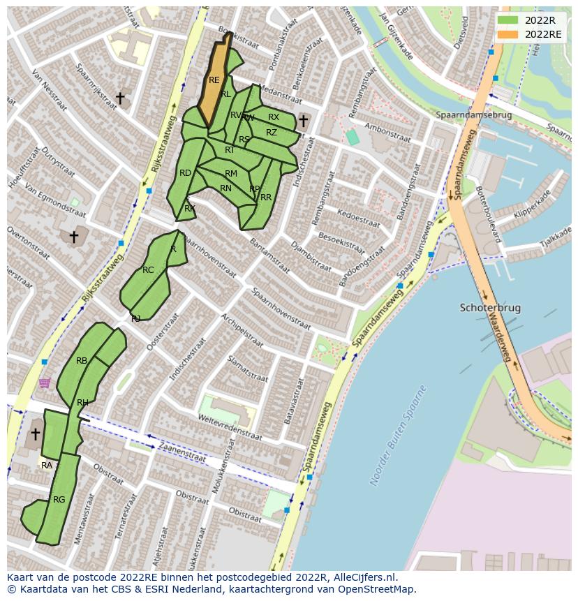 Afbeelding van het postcodegebied 2022 RE op de kaart.