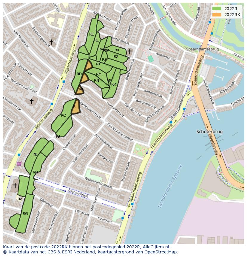 Afbeelding van het postcodegebied 2022 RK op de kaart.