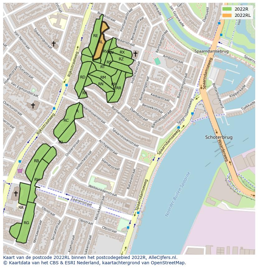 Afbeelding van het postcodegebied 2022 RL op de kaart.