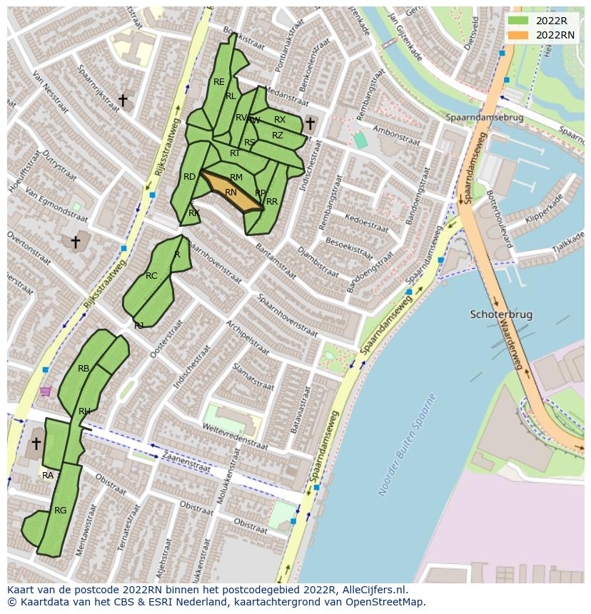 Afbeelding van het postcodegebied 2022 RN op de kaart.