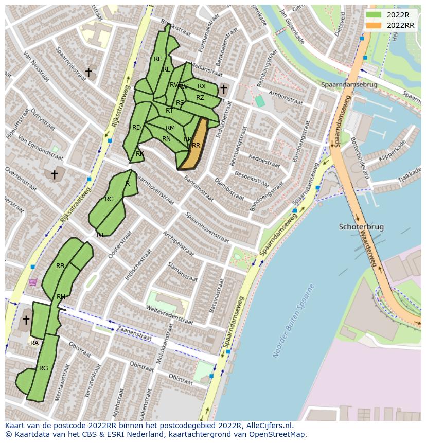 Afbeelding van het postcodegebied 2022 RR op de kaart.