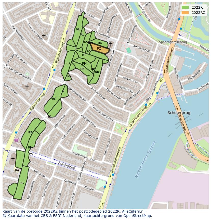 Afbeelding van het postcodegebied 2022 RZ op de kaart.