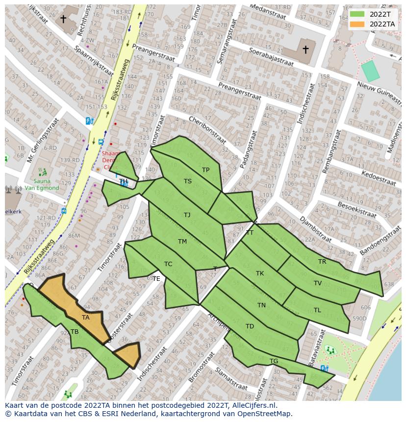 Afbeelding van het postcodegebied 2022 TA op de kaart.