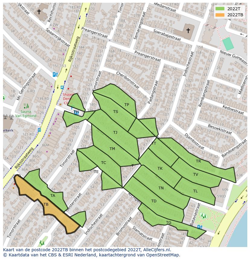 Afbeelding van het postcodegebied 2022 TB op de kaart.