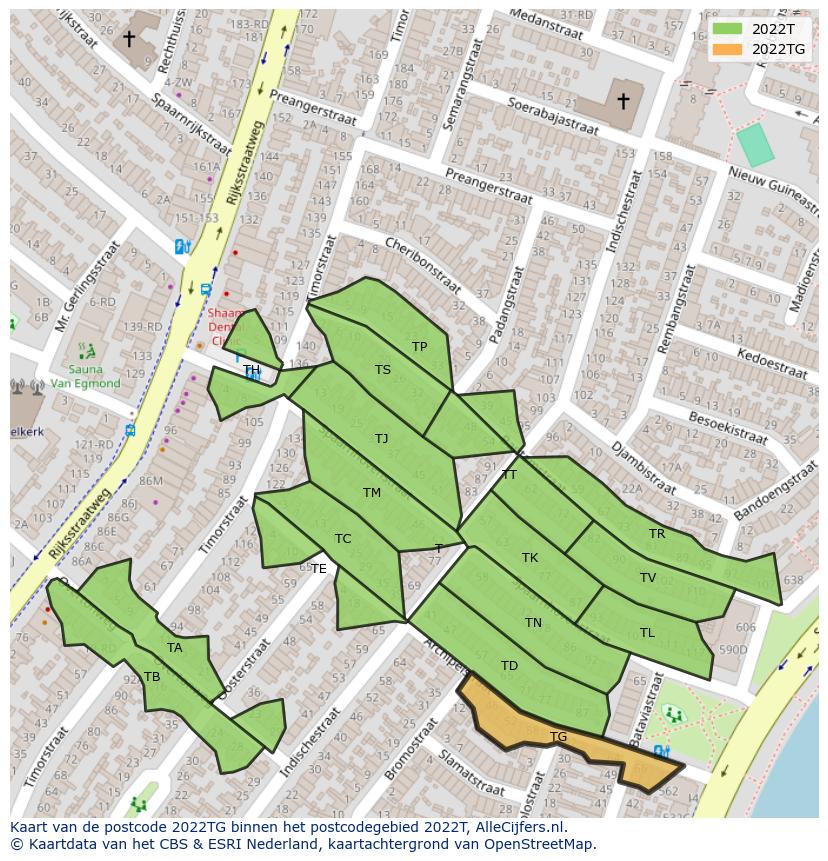 Afbeelding van het postcodegebied 2022 TG op de kaart.