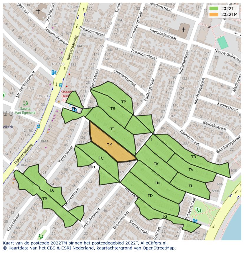 Afbeelding van het postcodegebied 2022 TM op de kaart.
