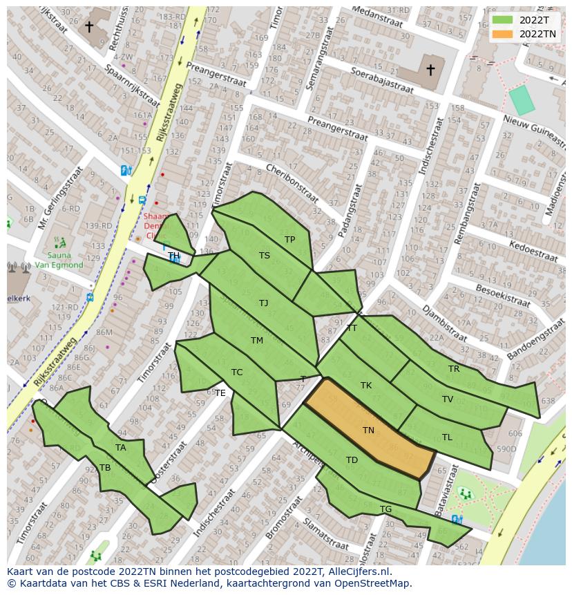 Afbeelding van het postcodegebied 2022 TN op de kaart.