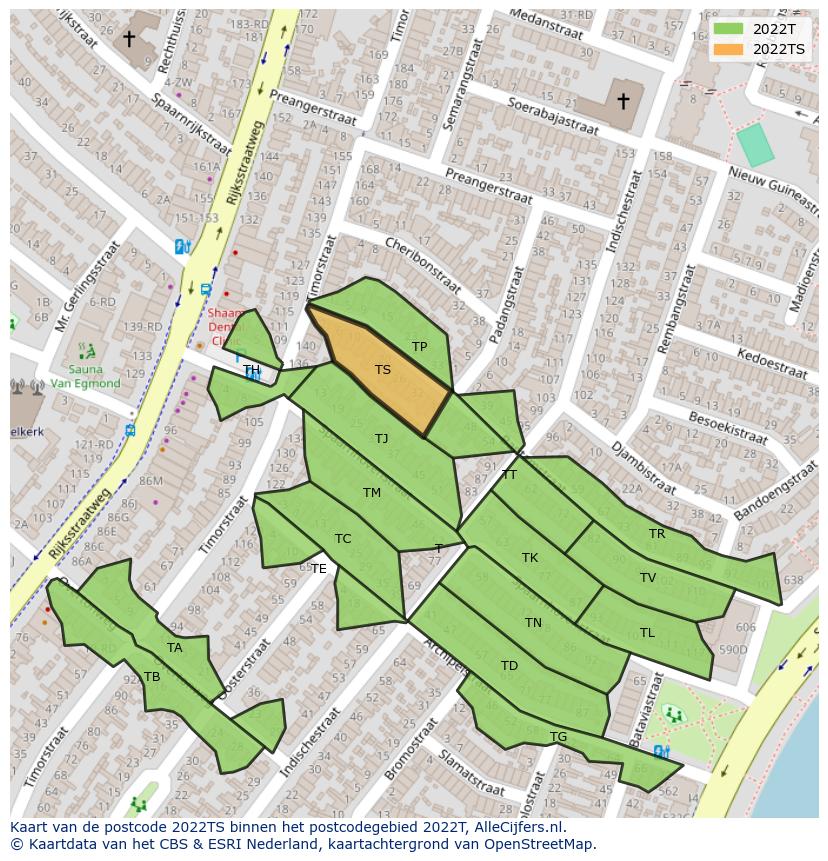 Afbeelding van het postcodegebied 2022 TS op de kaart.