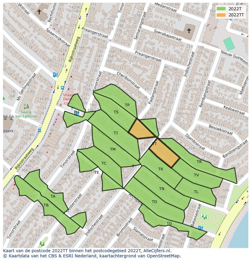 Afbeelding van het postcodegebied 2022 TT op de kaart.