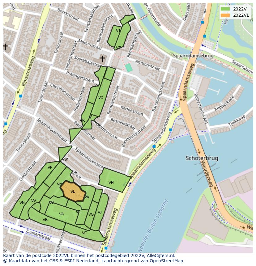 Afbeelding van het postcodegebied 2022 VL op de kaart.