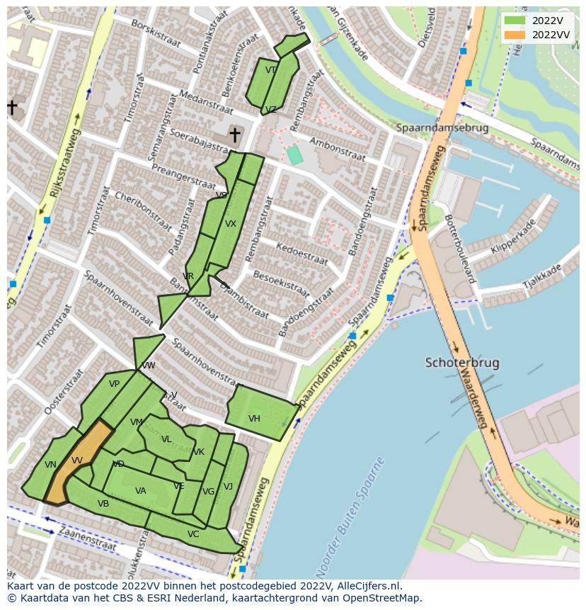 Afbeelding van het postcodegebied 2022 VV op de kaart.