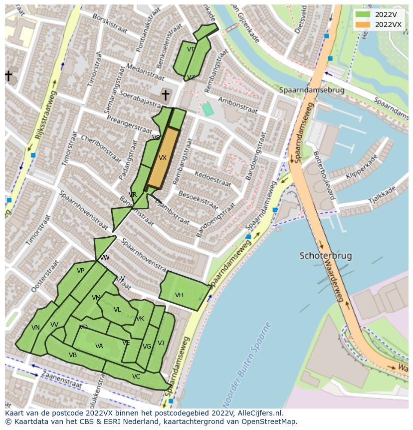 Afbeelding van het postcodegebied 2022 VX op de kaart.