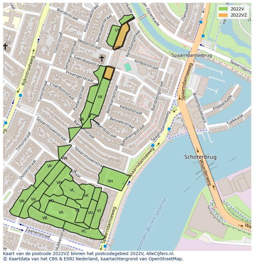 Afbeelding van het postcodegebied 2022 VZ op de kaart.