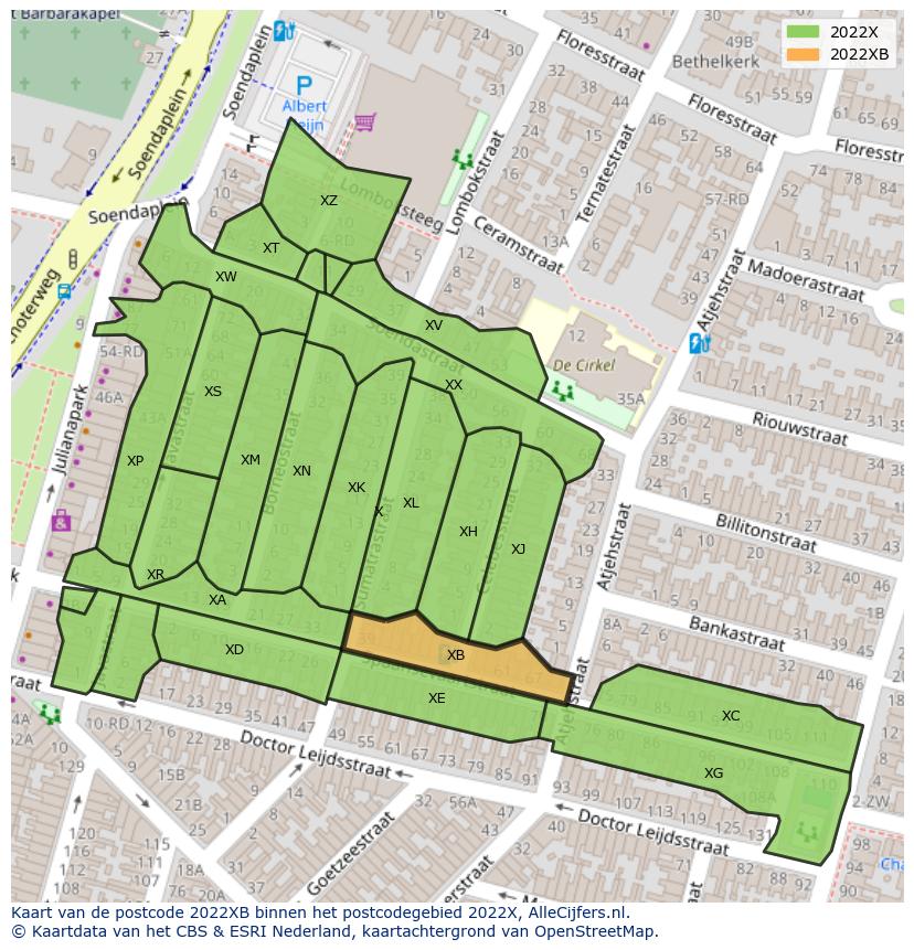 Afbeelding van het postcodegebied 2022 XB op de kaart.