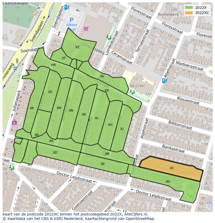 Afbeelding van het postcodegebied 2022 XC op de kaart.