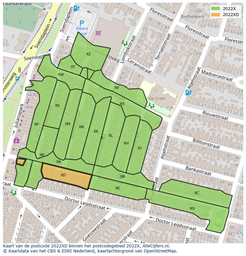 Afbeelding van het postcodegebied 2022 XD op de kaart.
