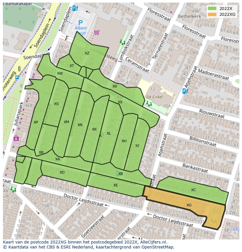 Afbeelding van het postcodegebied 2022 XG op de kaart.