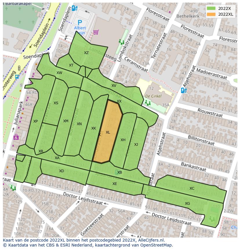 Afbeelding van het postcodegebied 2022 XL op de kaart.