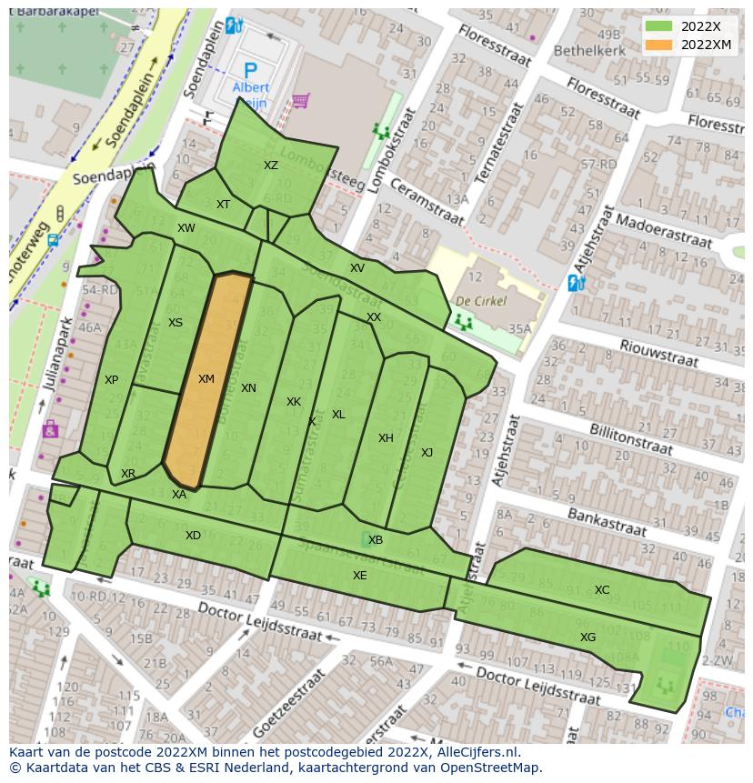 Afbeelding van het postcodegebied 2022 XM op de kaart.