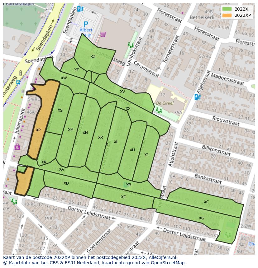 Afbeelding van het postcodegebied 2022 XP op de kaart.