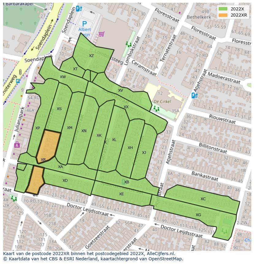 Afbeelding van het postcodegebied 2022 XR op de kaart.