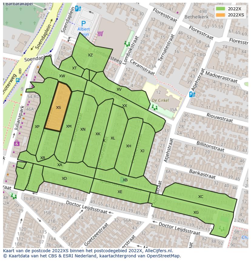 Afbeelding van het postcodegebied 2022 XS op de kaart.