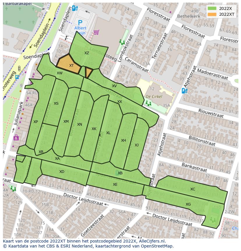 Afbeelding van het postcodegebied 2022 XT op de kaart.