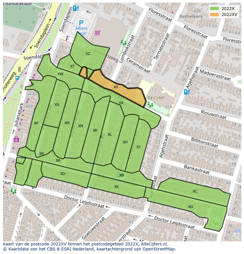 Afbeelding van het postcodegebied 2022 XV op de kaart.