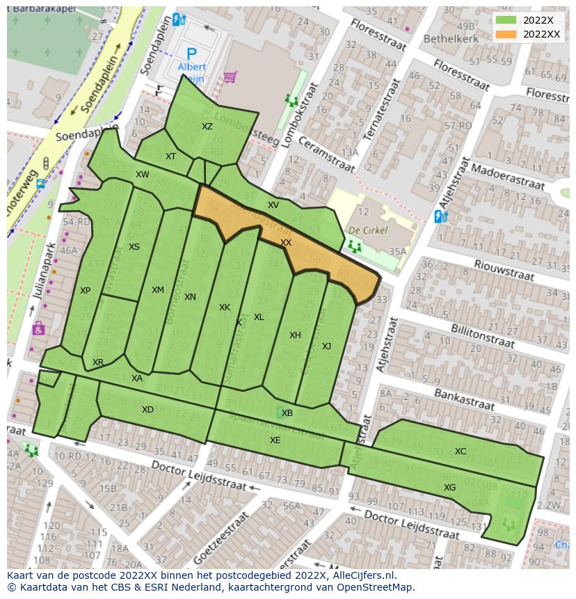 Afbeelding van het postcodegebied 2022 XX op de kaart.
