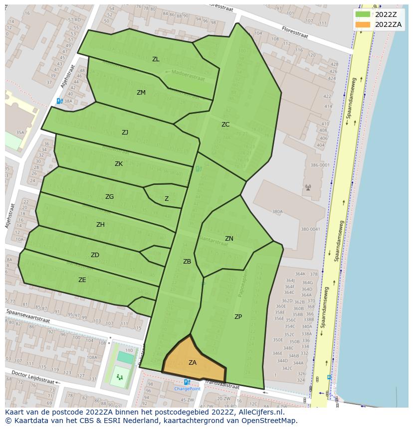 Afbeelding van het postcodegebied 2022 ZA op de kaart.
