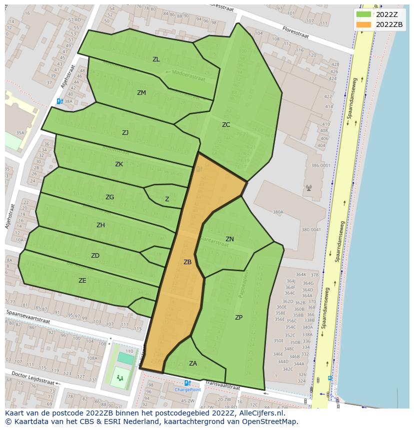 Afbeelding van het postcodegebied 2022 ZB op de kaart.