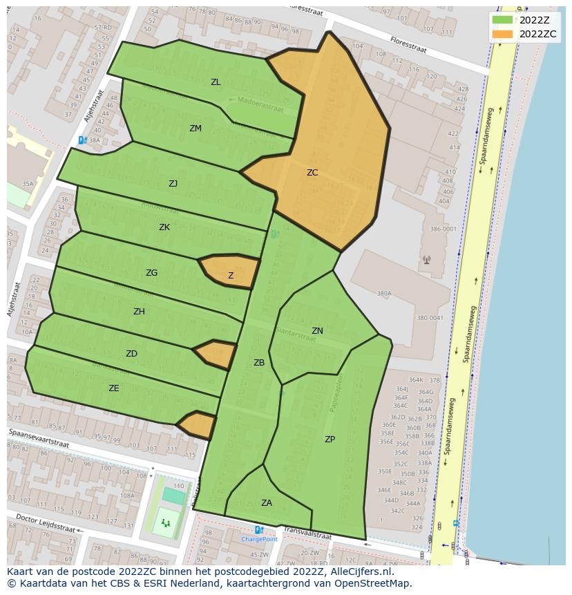 Afbeelding van het postcodegebied 2022 ZC op de kaart.