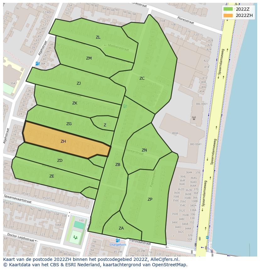 Afbeelding van het postcodegebied 2022 ZH op de kaart.