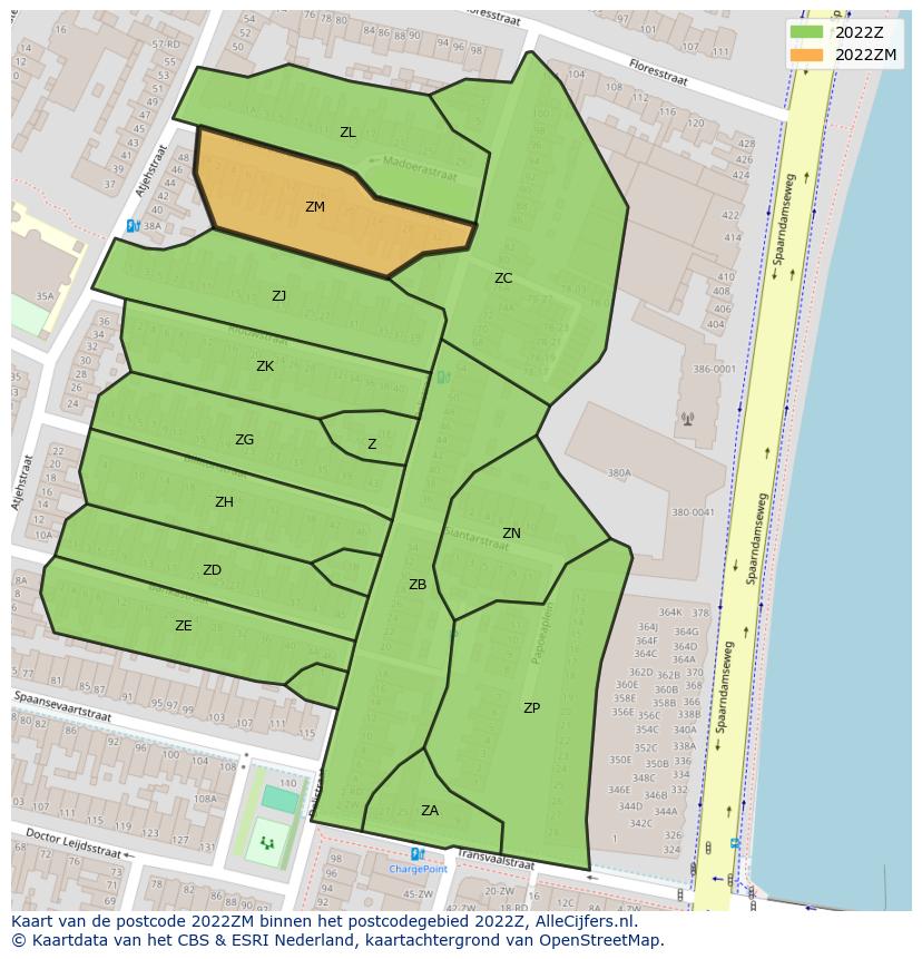 Afbeelding van het postcodegebied 2022 ZM op de kaart.