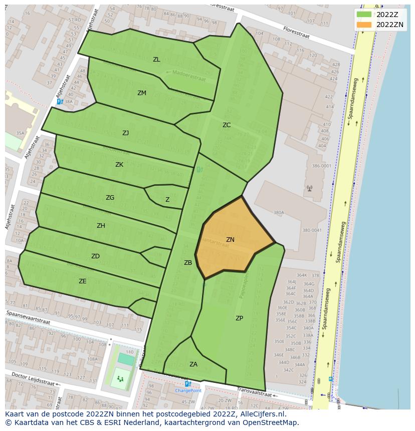 Afbeelding van het postcodegebied 2022 ZN op de kaart.