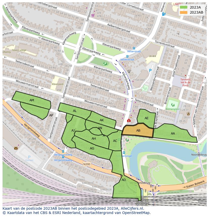 Afbeelding van het postcodegebied 2023 AB op de kaart.