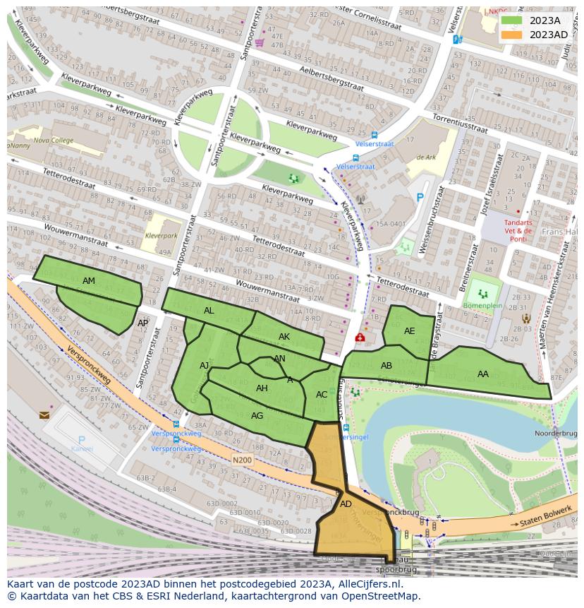 Afbeelding van het postcodegebied 2023 AD op de kaart.