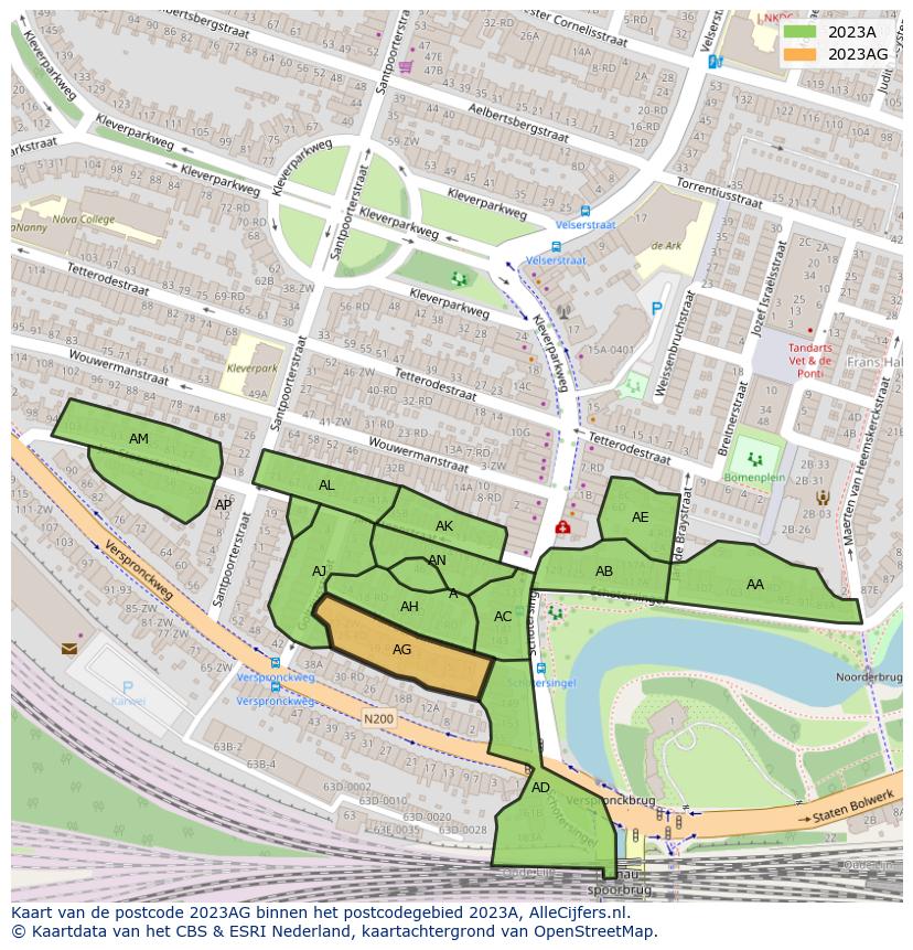 Afbeelding van het postcodegebied 2023 AG op de kaart.