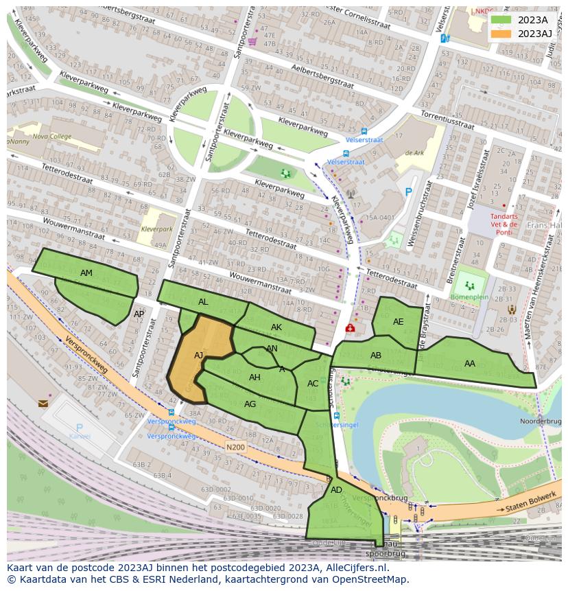Afbeelding van het postcodegebied 2023 AJ op de kaart.