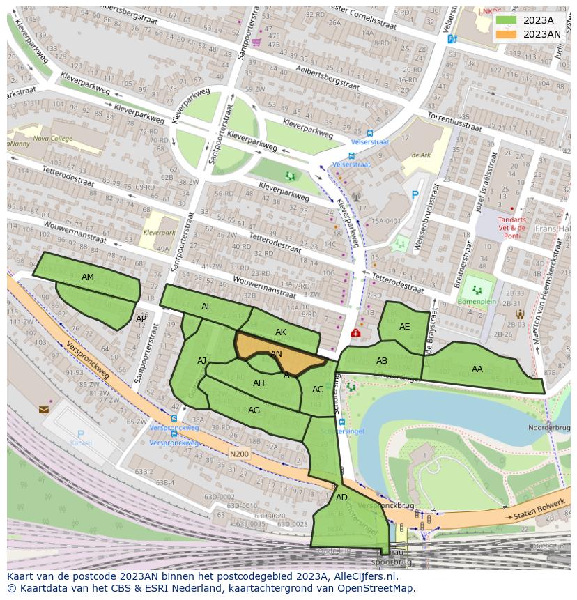 Afbeelding van het postcodegebied 2023 AN op de kaart.