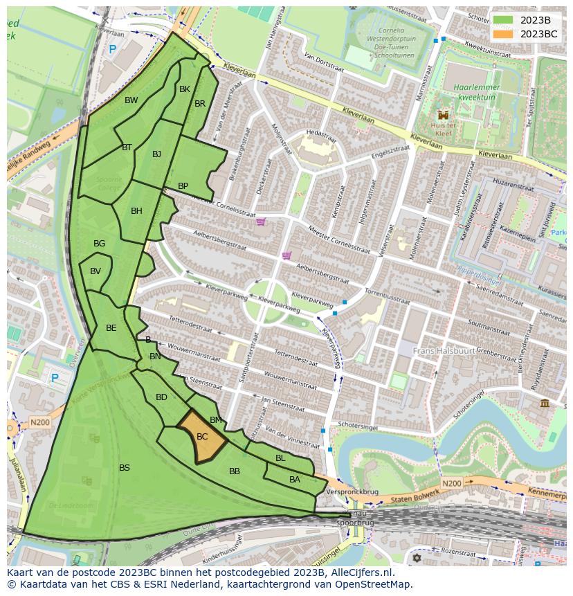 Afbeelding van het postcodegebied 2023 BC op de kaart.