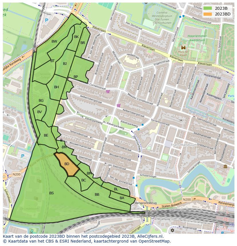 Afbeelding van het postcodegebied 2023 BD op de kaart.