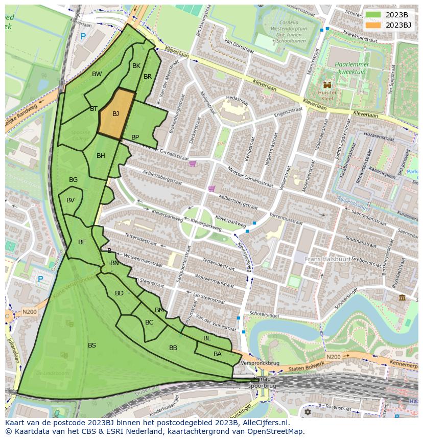 Afbeelding van het postcodegebied 2023 BJ op de kaart.