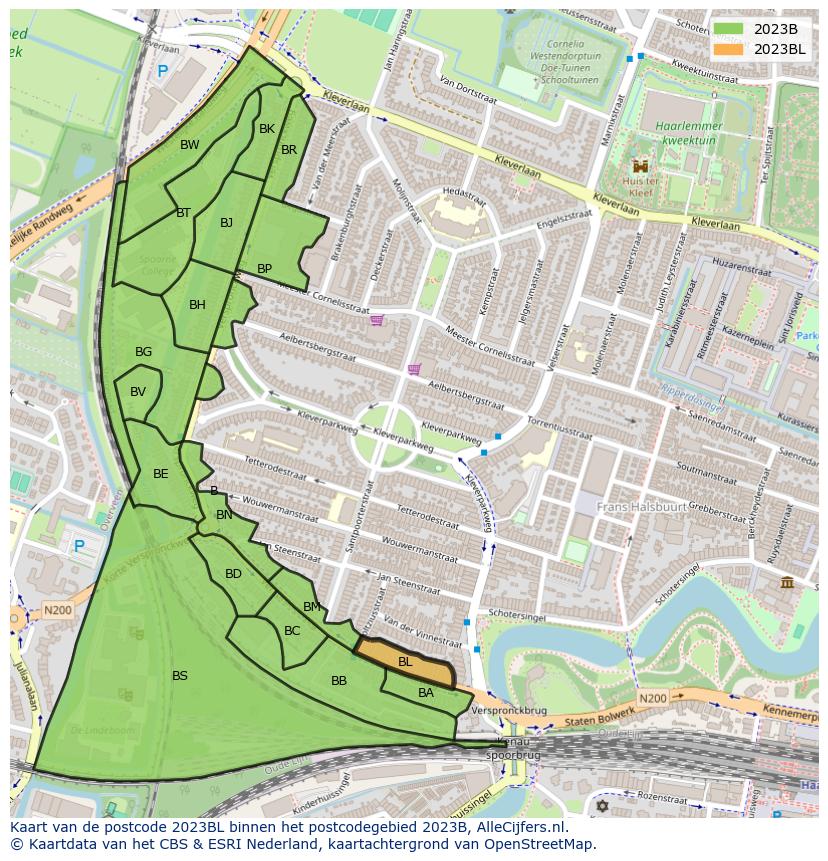 Afbeelding van het postcodegebied 2023 BL op de kaart.