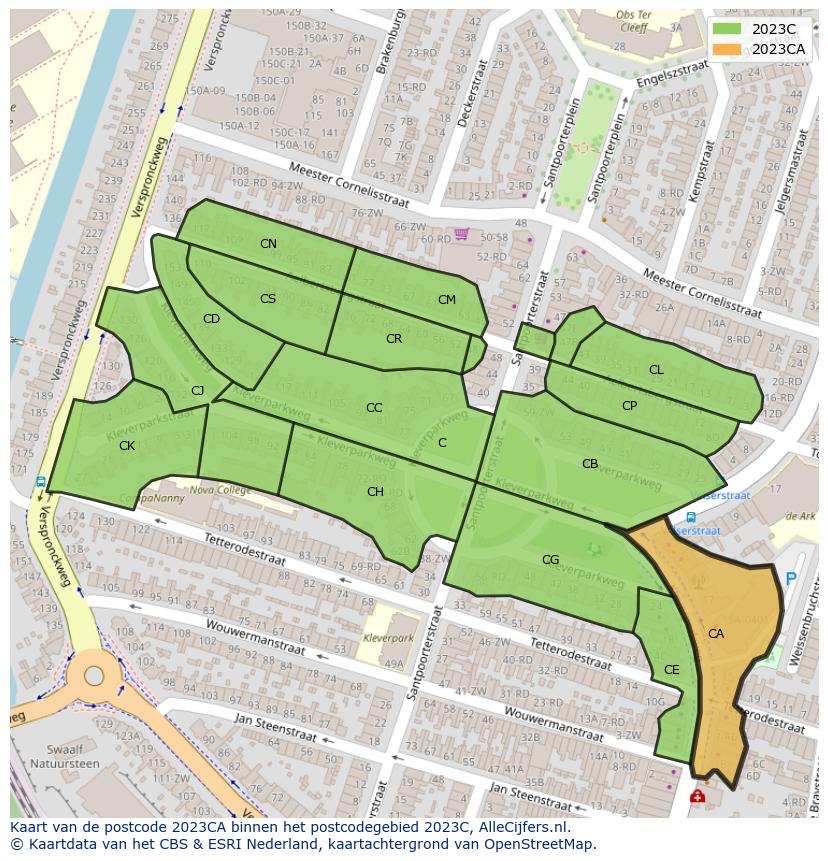 Afbeelding van het postcodegebied 2023 CA op de kaart.