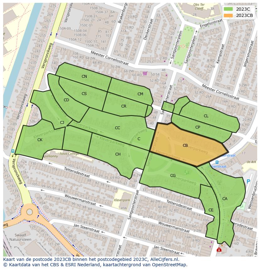 Afbeelding van het postcodegebied 2023 CB op de kaart.