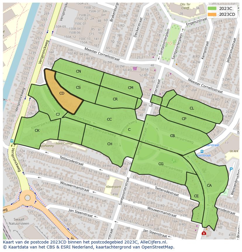 Afbeelding van het postcodegebied 2023 CD op de kaart.
